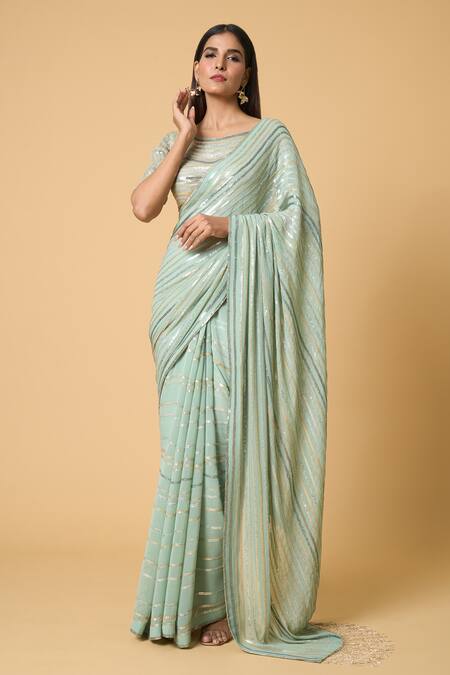 Buy Nakul Sen Blue Silk Sequins Boat Neck Striped Pastel Saree With Blouse Online at Aza Fashions Buy_Nakul Sen_Blue Silk Sequins Boat Neck Striped Pastel Saree With Blouse _Online_at_Aza_Fashions