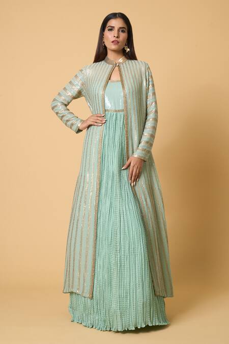 Buy_Nakul Sen_Blue Silk, Chiffon Sequins, Cut Work Striped Jacket With Crinkled Skirt Set _Online_at_Aza_Fashions