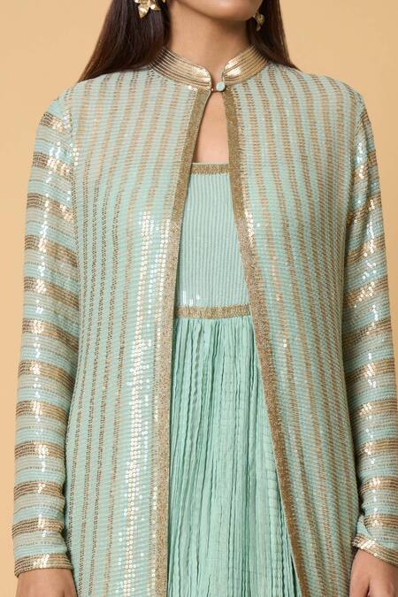 Shop_Nakul Sen_Blue Silk, Chiffon Sequins, Cut Work Striped Jacket With Crinkled Skirt Set _Online_at_Aza_Fashions