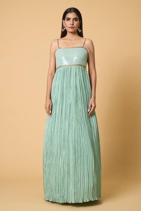 Nakul Sen_Blue Silk, Chiffon Sequins, Cut Work Striped Jacket With Crinkled Skirt Set _at_Aza_Fashions