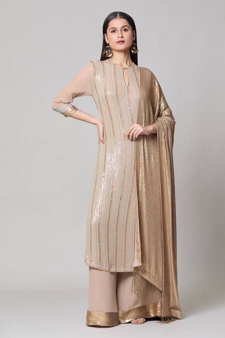 Nakul Sen_Beige Silk, Chiffon Sequins Round Neck Straight Kurta Palazzo Set _Online_at_Aza_Fashions