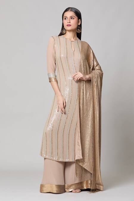 Buy_Nakul Sen_Beige Silk, Chiffon Sequins Round Neck Straight Kurta Palazzo Set _Online_at_Aza_Fashions