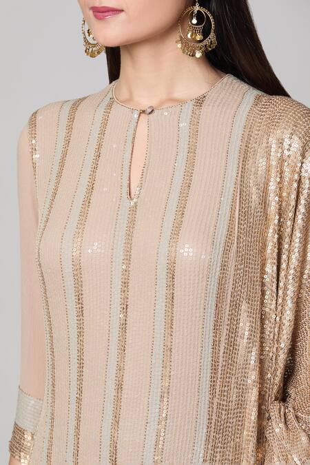 Shop_Nakul Sen_Beige Silk, Chiffon Sequins Round Neck Straight Kurta Palazzo Set _Online_at_Aza_Fashions