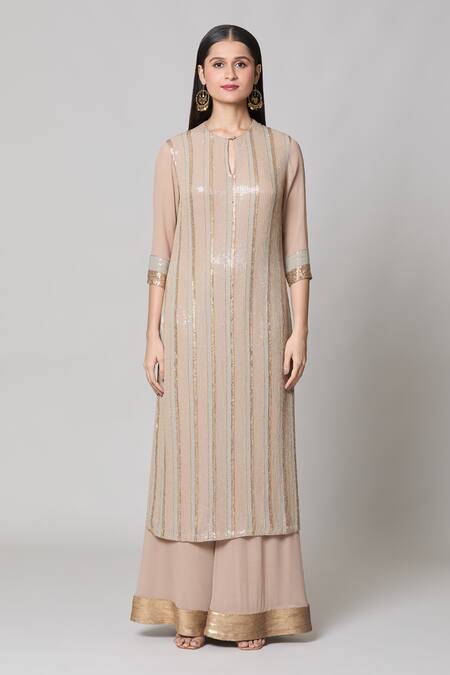 Nakul Sen_Beige Silk, Chiffon Sequins Round Neck Straight Kurta Palazzo Set _at_Aza_Fashions