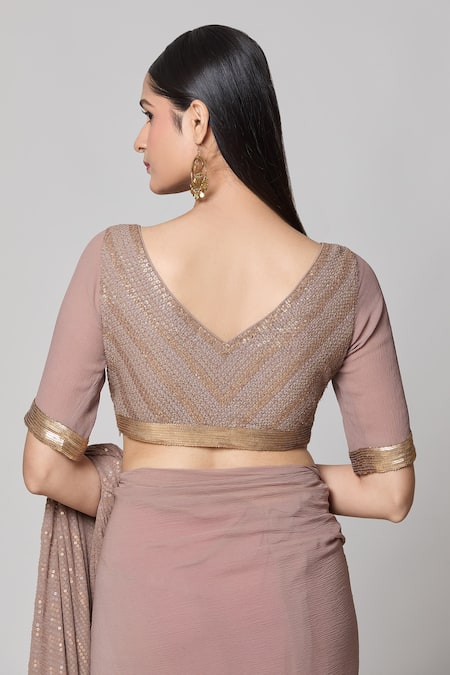 Nakul Sen_Beige Silk Sequins, Cut Work V-neck Striped Metallic Saree With Blouse _Online_at_Aza_Fashions