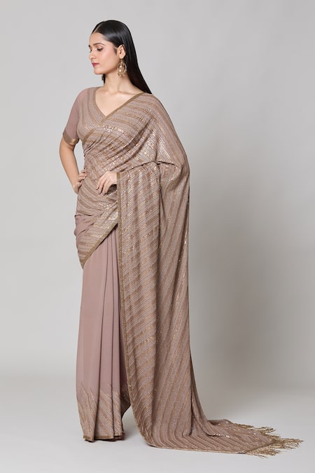 Buy_Nakul Sen_Beige Silk Sequins, Cut Work V-neck Striped Metallic Saree With Blouse _Online_at_Aza_Fashions