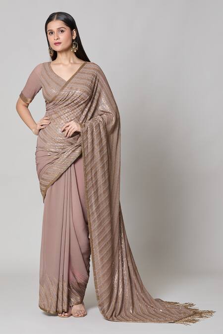 Shop_Nakul Sen_Beige Silk Sequins, Cut Work V-neck Striped Metallic Saree With Blouse _Online_at_Aza_Fashions