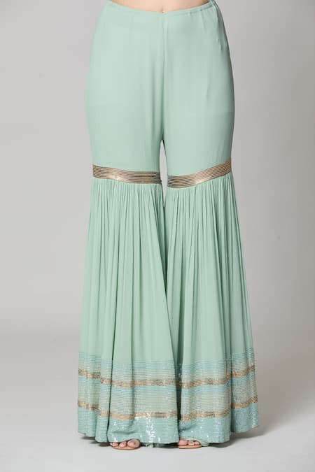 Buy_Nakul Sen_Blue Silk, Chiffon Sequins Mandarin Collar Embroidered Short Kurta Gharara Set _Online_at_Aza_Fashions