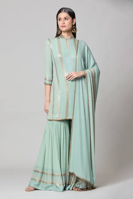 Shop_Nakul Sen_Blue Silk, Chiffon Sequins Mandarin Collar Embroidered Short Kurta Gharara Set _Online_at_Aza_Fashions