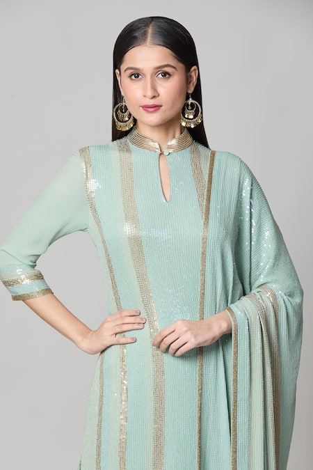 Nakul Sen_Blue Silk, Chiffon Sequins Mandarin Collar Embroidered Short Kurta Gharara Set _at_Aza_Fashions