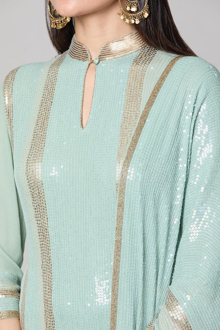 Buy_Nakul Sen_Blue Silk, Chiffon Sequins Mandarin Collar Embroidered Short Kurta Gharara Set 