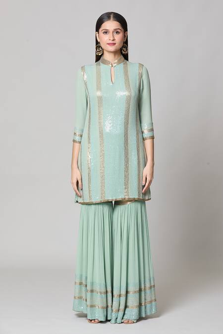 Shop_Nakul Sen_Blue Silk, Chiffon Sequins Mandarin Collar Embroidered Short Kurta Gharara Set 