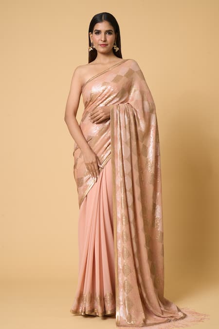 Nakul Sen Pink 100% Silk Chiffon Pattern Sequin Saree With Unstitched Blouse Piece