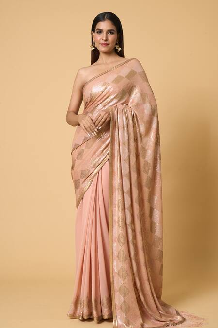 Nakul Sen_Pink Silk, Chiffon Sequins Diamond Pattern Saree With Unstitched Blouse Piece _Online_at_Aza_Fashions