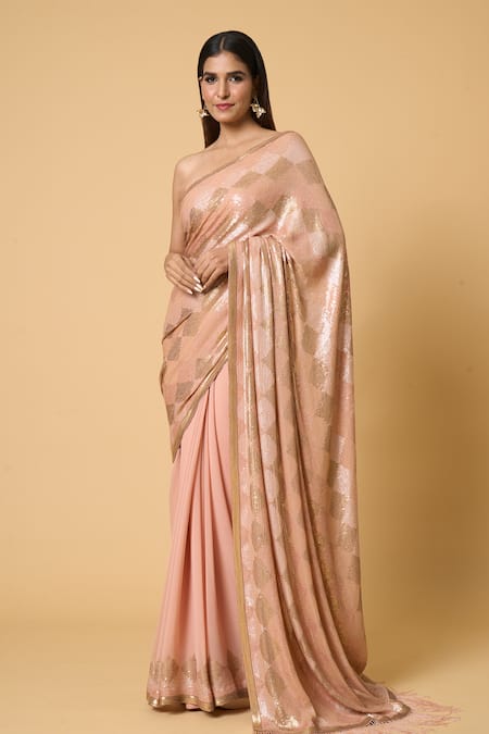 Buy_Nakul Sen_Pink Silk, Chiffon Sequins Diamond Pattern Saree With Unstitched Blouse Piece _Online_at_Aza_Fashions