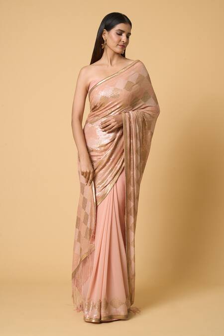 Nakul Sen_Pink Silk, Chiffon Sequins Diamond Pattern Saree With Unstitched Blouse Piece _at_Aza_Fashions