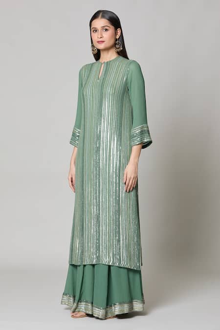 Nakul Sen Green Silk, Chiffon Sequins, Embroidery Keyhole Neck Linear Kurta Palazzo Set Online at Aza Fashions Nakul Sen_Green Silk, Chiffon Sequins, Embroidery Keyhole Neck Linear Kurta Palazzo Set _Online_at_Aza_Fashions