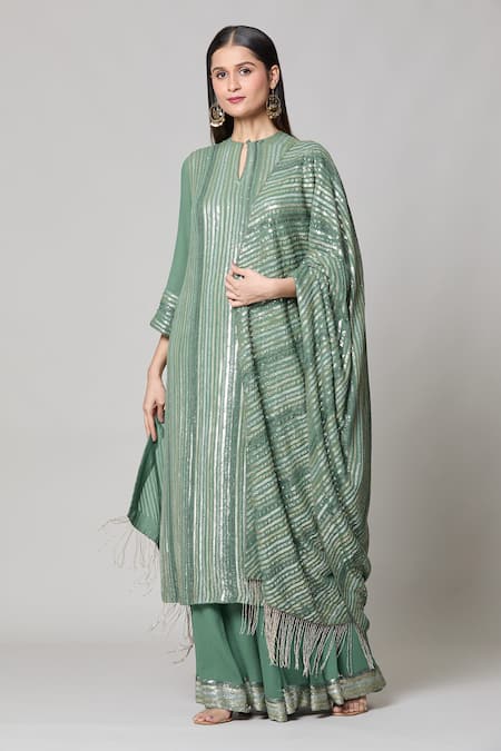 Shop Nakul Sen Green Silk, Chiffon Sequins, Embroidery Keyhole Neck Linear Kurta Palazzo Set Online at Aza Fashions Shop_Nakul Sen_Green Silk, Chiffon Sequins, Embroidery Keyhole Neck Linear Kurta Palazzo Set _Online_at_Aza_Fashions