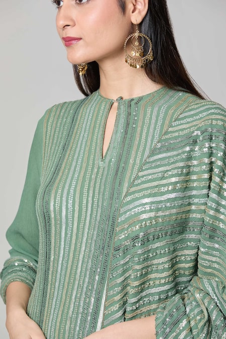 Nakul Sen Green Silk, Chiffon Sequins, Embroidery Keyhole Neck Linear Kurta Palazzo Set at Aza Fashions Nakul Sen_Green Silk, Chiffon Sequins, Embroidery Keyhole Neck Linear Kurta Palazzo Set _at_Aza_Fashions