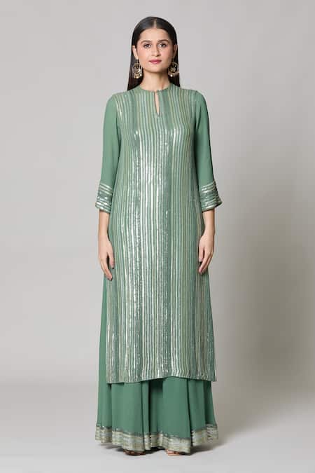Buy Nakul Sen Green Silk, Chiffon Sequins, Embroidery Keyhole Neck Linear Kurta Palazzo Set Buy_Nakul Sen_Green Silk, Chiffon Sequins, Embroidery Keyhole Neck Linear Kurta Palazzo Set