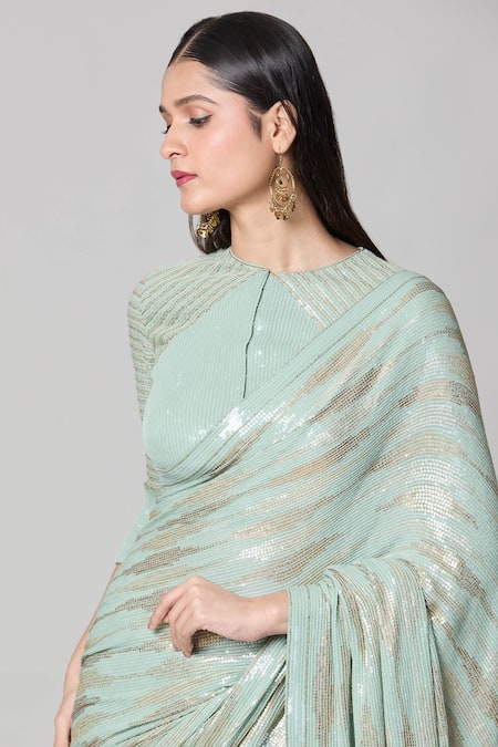 Nakul Sen_Blue Silk Sequins Round Neck Saree With Blouse _Online_at_Aza_Fashions