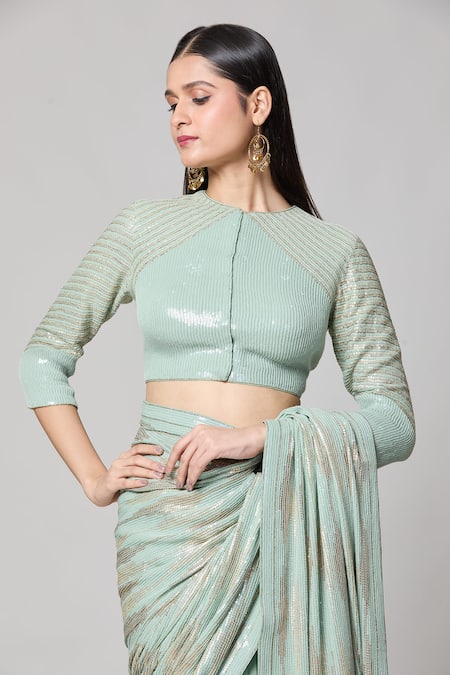 Shop_Nakul Sen_Blue Silk Sequins Round Neck Saree With Blouse _Online_at_Aza_Fashions