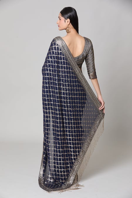 Nakul Sen Checkered Sequin Saree With Blouse 