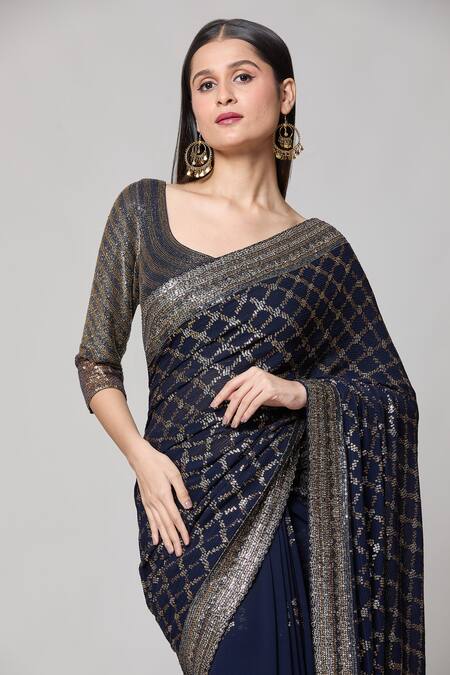 Nakul Sen_Blue Silk, Chiffon Sequins, Cut Work Scoop Neck Checkered Saree With Blouse _Online_at_Aza_Fashions