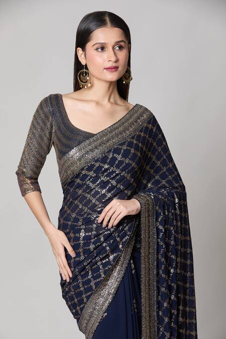 Buy_Nakul Sen_Blue Silk, Chiffon Sequins, Cut Work Scoop Neck Checkered Saree With Blouse _Online_at_Aza_Fashions