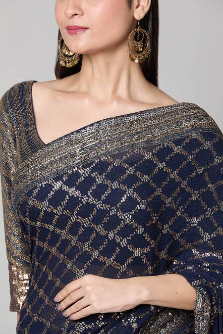 Shop_Nakul Sen_Blue Silk, Chiffon Sequins, Cut Work Scoop Neck Checkered Saree With Blouse _Online_at_Aza_Fashions