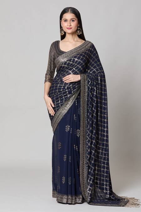 Nakul Sen_Blue Silk, Chiffon Sequins, Cut Work Scoop Neck Checkered Saree With Blouse _at_Aza_Fashions