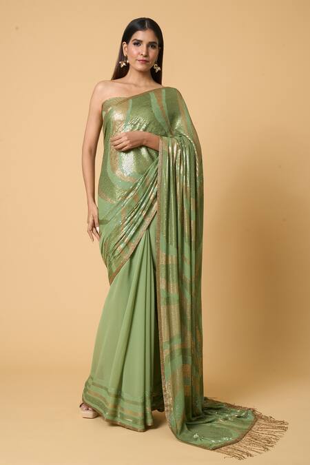 Nakul Sen_Green Silk, Chiffon Sequins Wavy Saree With Unstitched Blouse Piece _Online_at_Aza_Fashions