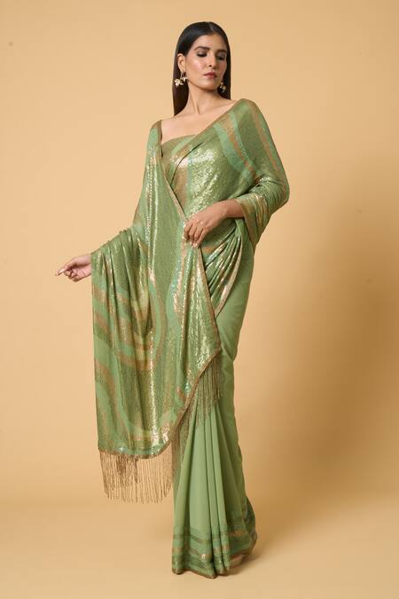 Nakul Sen_Green Silk, Chiffon Sequins Wavy Saree With Unstitched Blouse Piece _at_Aza_Fashions