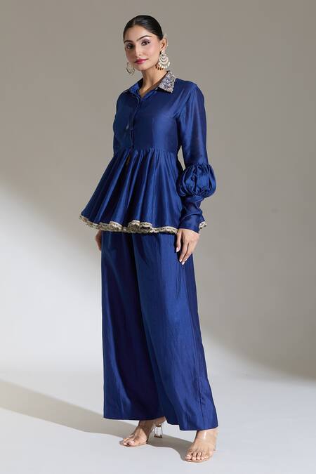 Shop_Jayanti Reddy_Blue Solid Palazzo Pant _at_Aza_Fashions