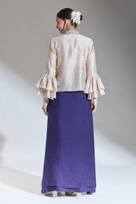 Shop_Jayanti Reddy_Beige Embroidery Collared Tie-up Shirt_at_Aza_Fashions