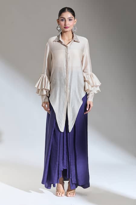 Jayanti Reddy_Beige Embroidery Collared Tie-up Shirt_Online_at_Aza_Fashions