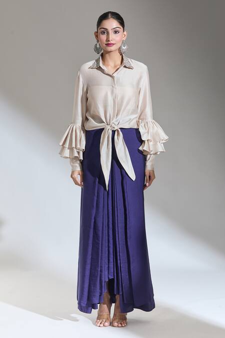 Shop_Jayanti Reddy_Beige Embroidery Collared Tie-up Shirt_Online_at_Aza_Fashions