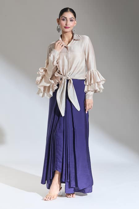 Jayanti Reddy_Beige Embroidery Collared Tie-up Shirt_at_Aza_Fashions