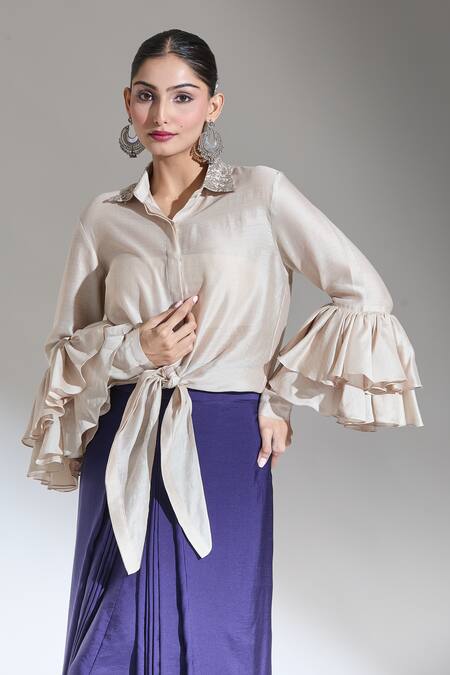 Buy_Jayanti Reddy_Beige Embroidery Collared Tie-up Shirt