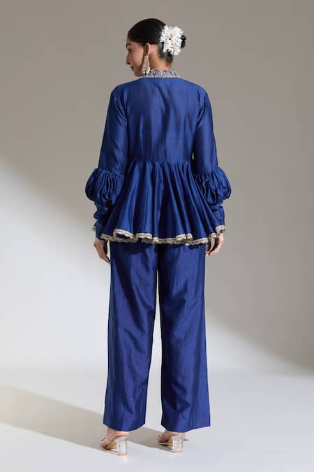 Shop_Jayanti Reddy_Blue Embroidered Floral Collar Peplum Top _at_Aza_Fashions