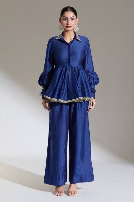 Jayanti Reddy_Blue Embroidered Floral Collar Peplum Top _Online_at_Aza_Fashions