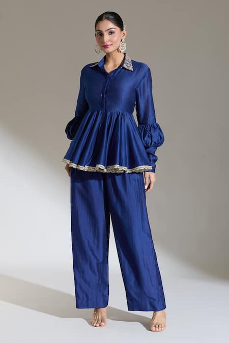 Shop_Jayanti Reddy_Blue Embroidered Floral Collar Peplum Top _Online_at_Aza_Fashions