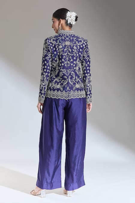 Shop_Jayanti Reddy_Blue Embroidered Aari Stand Collar Floral Jacket _at_Aza_Fashions