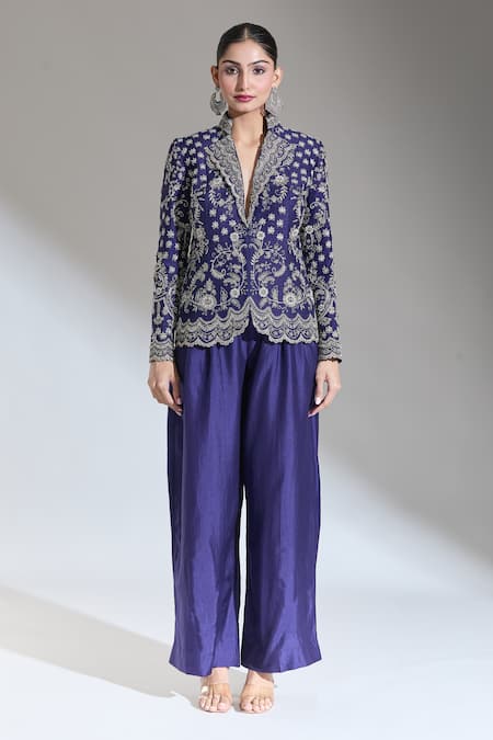 Jayanti Reddy_Blue Embroidered Aari Stand Collar Floral Jacket _Online_at_Aza_Fashions