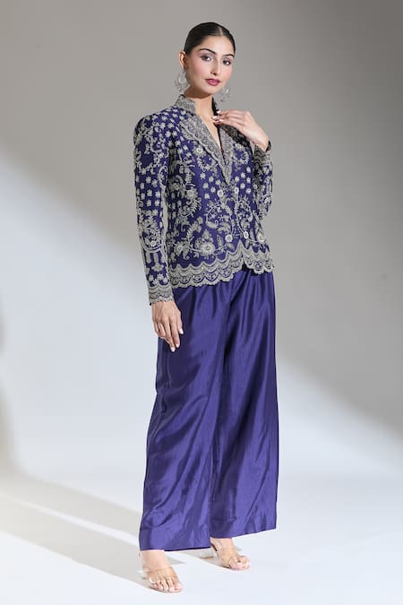 Buy_Jayanti Reddy_Blue Embroidered Aari Stand Collar Floral Jacket _Online_at_Aza_Fashions