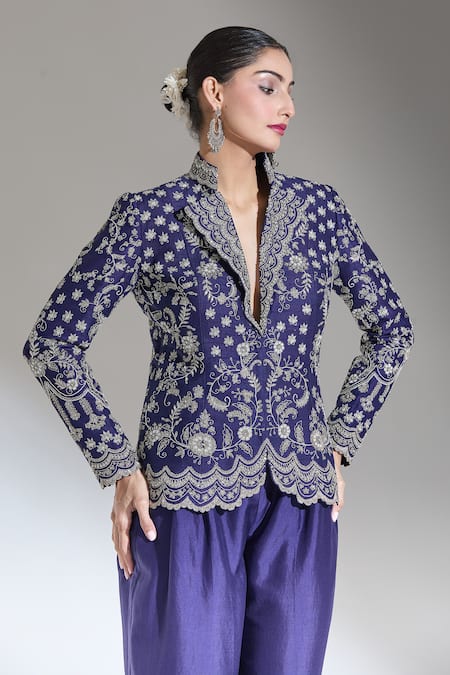 Shop_Jayanti Reddy_Blue Embroidered Aari Stand Collar Floral Jacket _Online_at_Aza_Fashions