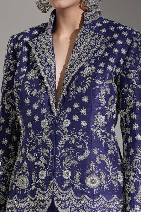 Jayanti Reddy_Blue Embroidered Aari Stand Collar Floral Jacket _at_Aza_Fashions