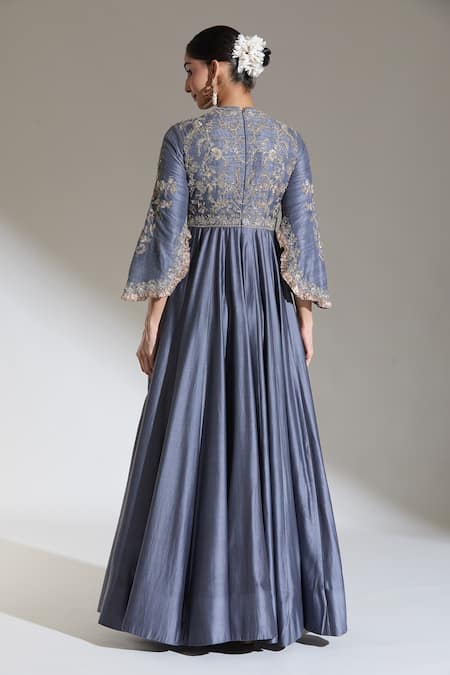 Shop_Jayanti Reddy_Grey Embroidery Round Neck Dori Anarkali _at_Aza_Fashions