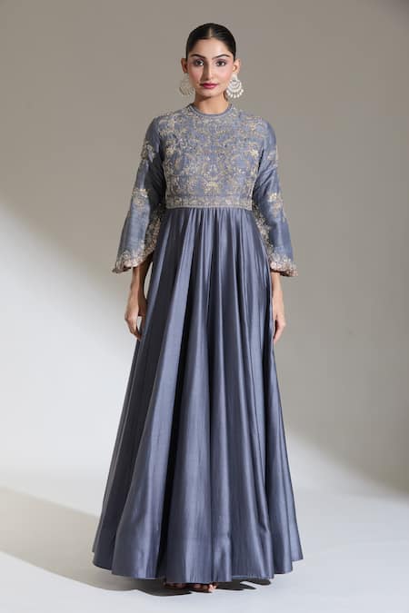 Jayanti Reddy_Grey Embroidery Round Neck Dori Anarkali _Online_at_Aza_Fashions