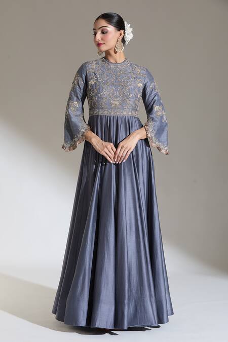 Buy_Jayanti Reddy_Grey Embroidery Round Neck Dori Anarkali _Online_at_Aza_Fashions